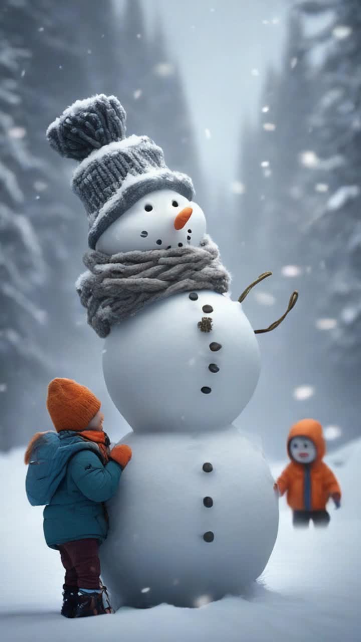 A  small group of  three tiny people dressed for heavy winter, mountain hike up a snowman,  past a carrot nose of a snowman head, it is snowing with snowflakes too large, a snowflake seems oddly oversized and knocks the last guy off,  his rope connecting him to the front two hikers is immediately snipped with a quick tug on a loose knot, the first two hikers shrug at each other, smile and move on