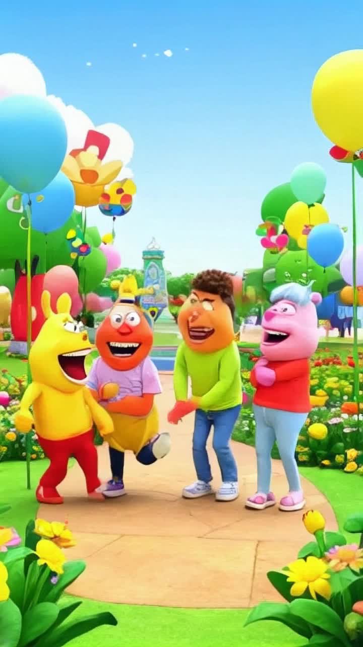 Playful cartoon characters bursting with laughter Performing silly antics in a vibrant whimsical park filled with oversized flowers and colorful balloons