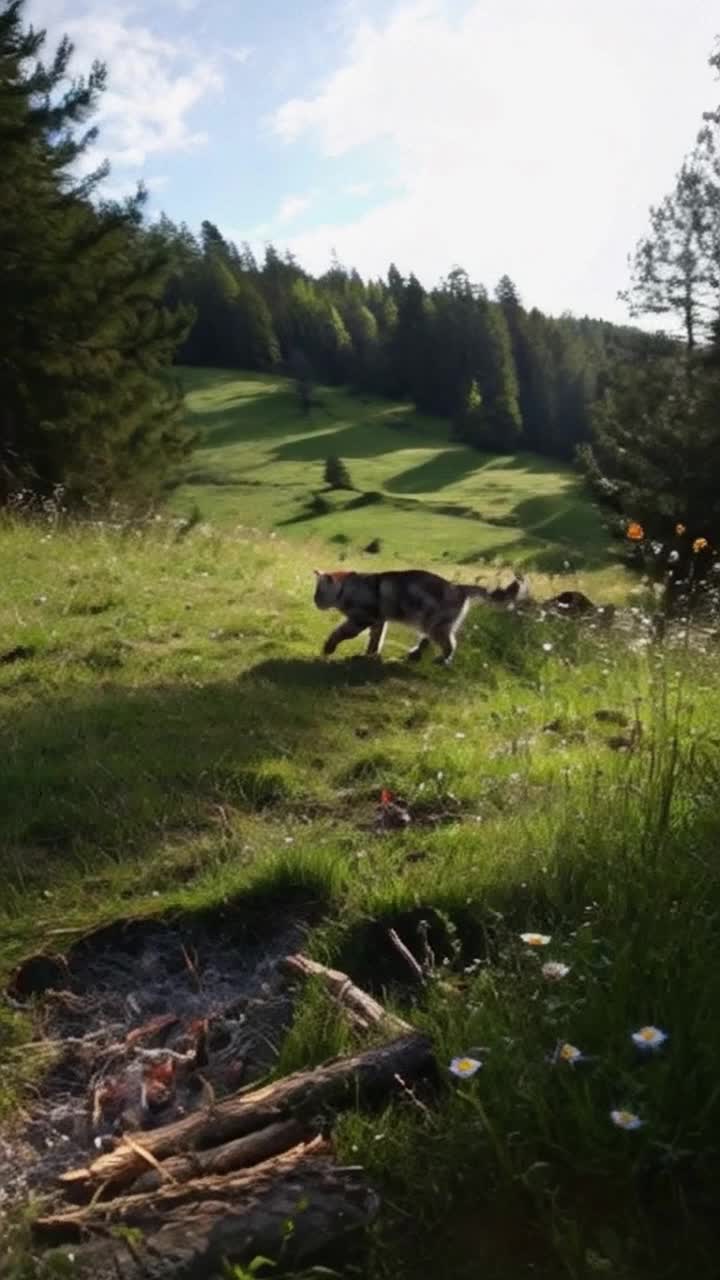 Sleek tabby cat playfully exploring vibrant green hills under soft morning light Joyful leaps and stretches as it frolics through dewkissed grass Sunlight filters through tall trees casting intricate shadows on the forest floor Birds chirping softly harmonizing with distant rustling leaves Gentle breeze rustles fur creating a sense of freedom and adventure Lush wildflowers sway delicately in rhythm with natures dance Campfire remnants glow warmly inviting lingering scents of smoky wood Overall atmosphere infused with a serene sense of discovery and enchantment waiting in every corner of this picturesque outdoor paradise