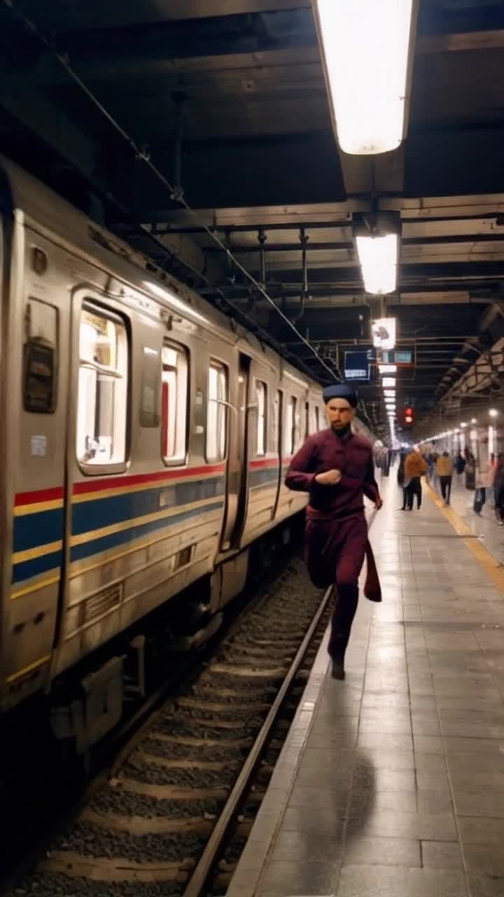 African man adorned in a vibrant traditional outfit sporting a distinctive Muslim hat sprinting with determination towards an approaching train Blurred motion of the train speeding down the tracks amidst the bustling train station filled with passengers and flickering overhead lights shadows dancing across the platform as he pushes through the crowd eager anticipation in his eyes