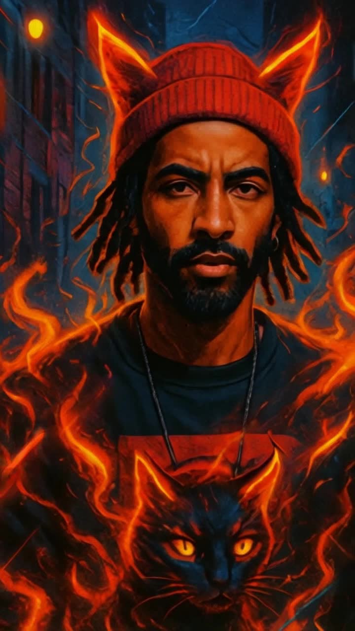 Dynamic rapper in vibrant streetwear delivers powerful verses Rhythmically moving to an electrifying beat on a bustling city stage Colorful graffiti murals surround energetic crowd cheering under glowing streetlights