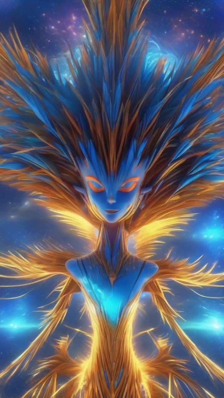 Chosen warrior from luminous seventh dimension shining with vibrant atomic blue energy wearing striking spiky hair twirling joyfully celebrating divine revelation unleashing his immense powers in a vivid display of light Surreal cosmic landscape filled with swirling galaxies and distant stars surrounding him creating an ethereal atmosphere of wonder Misty nebulae pulse softly in the background as colors explode like fireworks illuminating his dance Radiant beams of energy spiral around him reflecting his joyous spirit