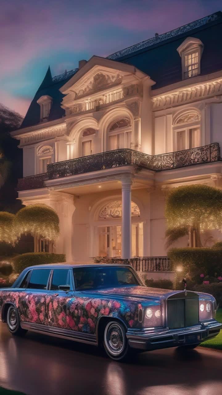 Vibrant locomotive engine exuding metallic glints showcasing lavish luxury car adorned with intricate floral designs parked outside grand opulent mansion surrounded by blooming gardens and twinkling diamondlike lights illuminating evening sky