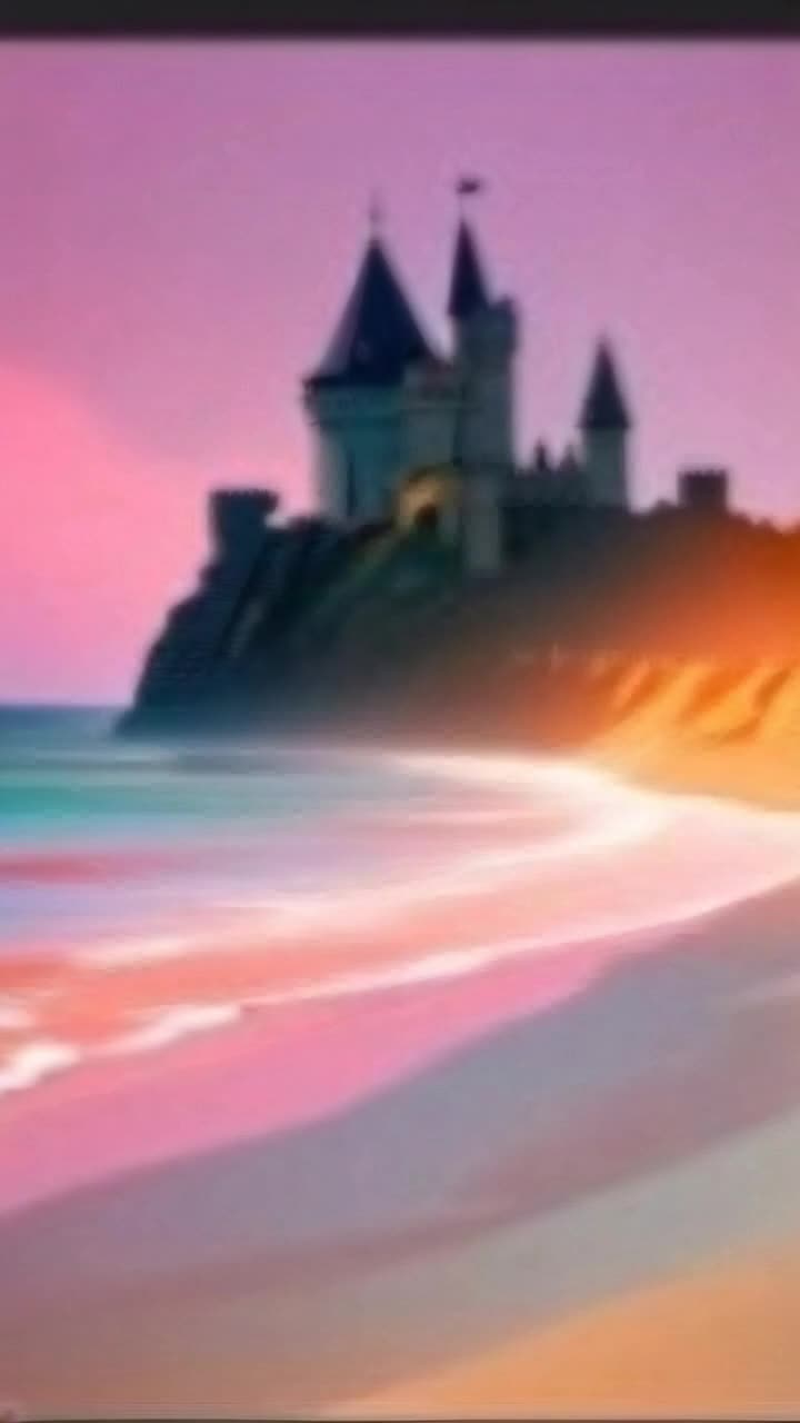 Dramatic castle on a cliff overlooking ocean with grand stone steps leading  from the fortress to a boardwalk connected to pier 