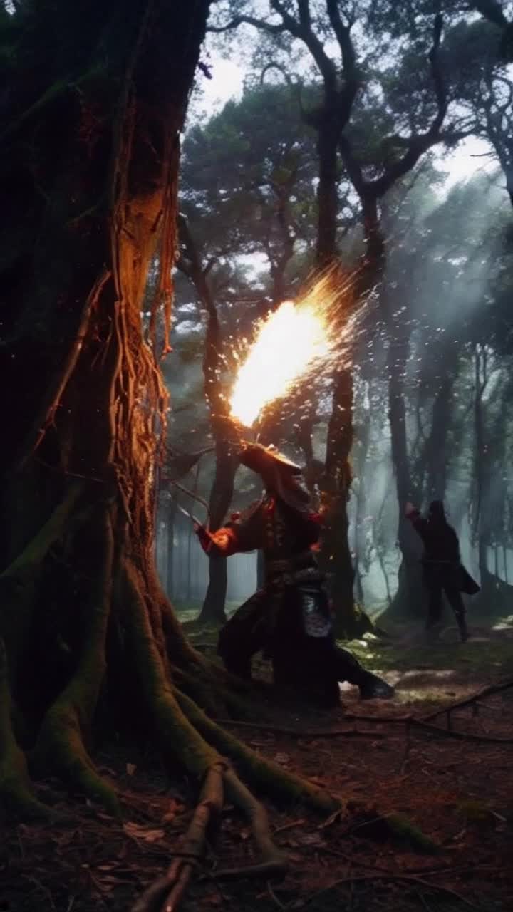 Samurai warrior clad in ornate armor whirls through the air vibrant energy crackling around him determined to defeat shadowy figure lurking in a looming mist-filled forest moonlight piercing through dense foliage illuminating surrounding ancient trees tangled with vines