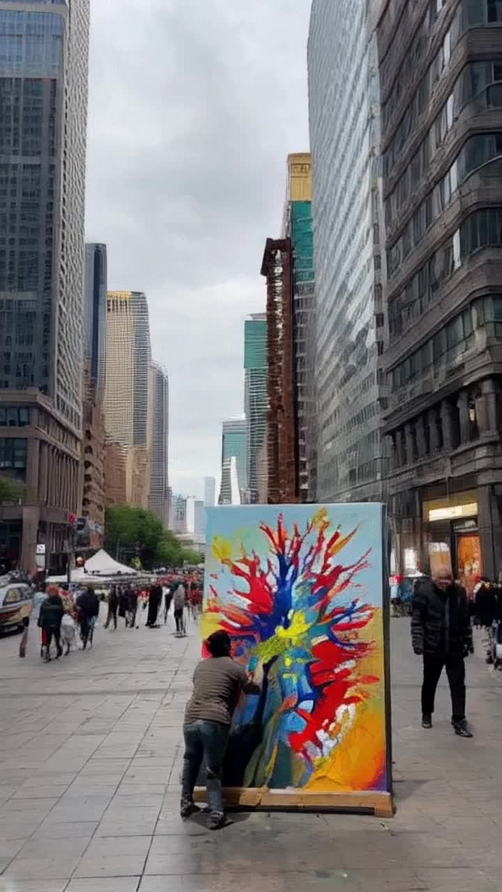 Hyper photorealistic artist surrounded by city skyscrapers splashes vibrant colors onto a large canvas with passion and intensity as crowds bustle by in a symphony of life and sound mural of perseverance comes to life under bright sunlight with a backdrop of billowing clouds and distant honking of taxis creating an energetic atmosphere filled with inspiration and creativity