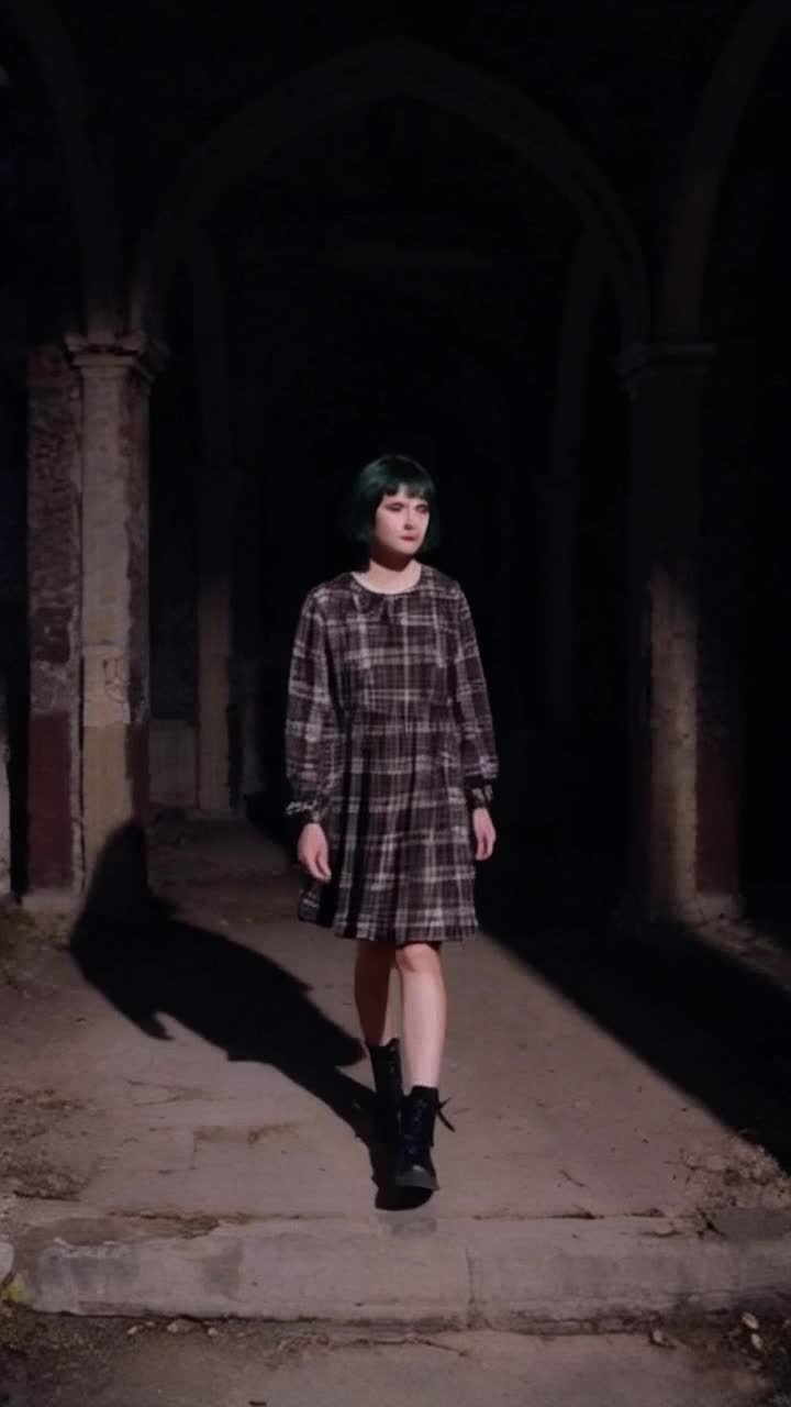 Bewildered 18 year old female, short dark green hair in bob hairstyle, layered flannel dress, black combat boots, walking through a haunted abandoned mansion, eerie atmosphere, dark shadows looming, camera panning from left to right motion, high resolution, 1080 pixels, description by csherriereevoices 