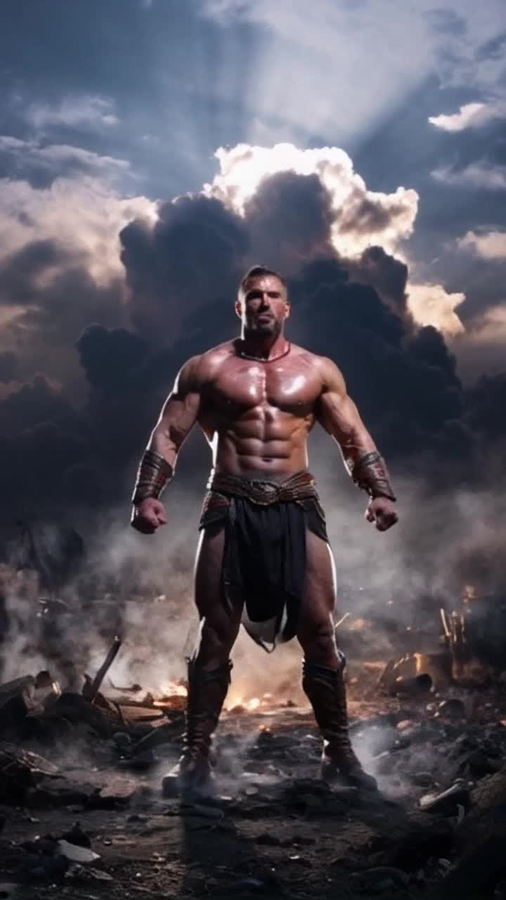 Heroic warrior stands tall with rippling muscles defined in glory radiating strength and valor flexible yet poised. He strikes a triumphant pose declaring victory over vanquished foes as a gust of wind swirls around him. Low-angle perspective captures his commanding presence emphasizing sheer power and determination. Behind him a chaotic battlefield strewn with remnants of conflict smoke rising amidst scattered debris while celestial light breaks through dark clouds illuminating his heroic form casting an ethereal glow