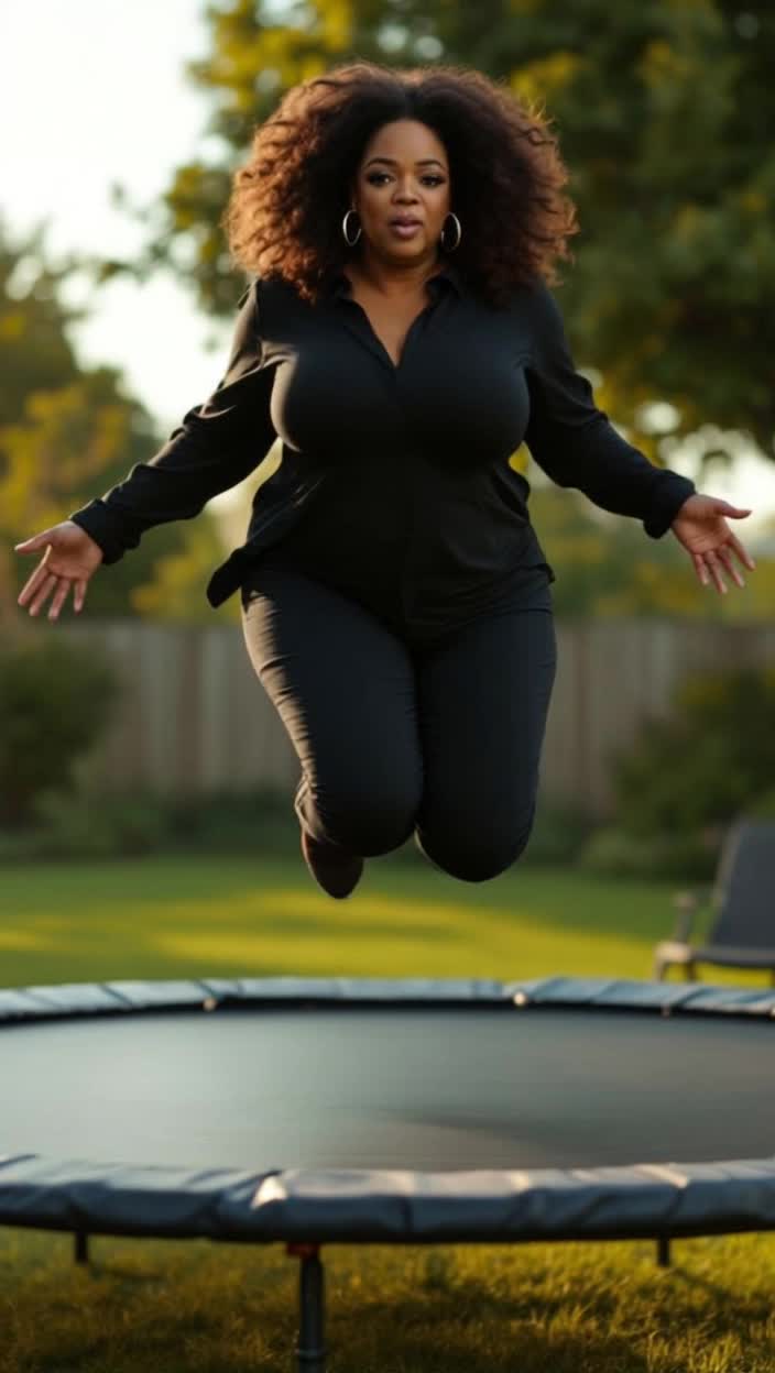 Oprah with enormous bbewbs jumping on a trampoline and jiggling her belly 