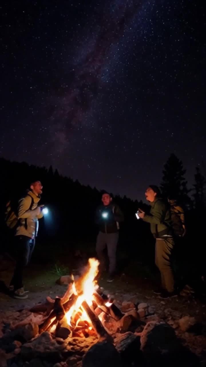 A group of excited hikers gathered around a flickering campfire that lights up the bright colours on their faces, dodging sparks, jumping out of their seats as thunder shatters the night air A bear bursts onto the scene, causing screams, as they grab for flashlights and gear, forming a makeshift defensive line Hearts pounding under the intense glow of the fire The shadows of tall trees swirl ominously around them The starfilled night sky adds wild chaos to their summer journey