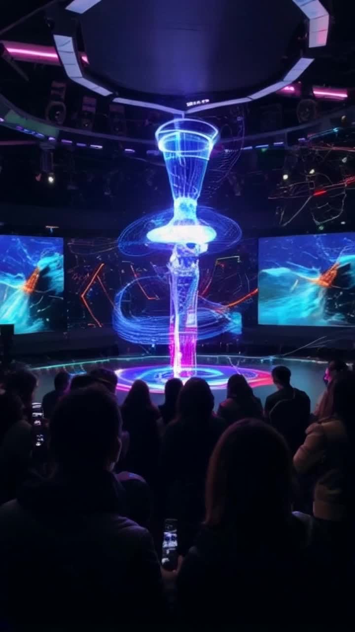 PartyFuturistic AI hologram swirling in vibrant colors shimmering with neon lights pulsing to an unseen rhythm interacting with curious faces filled with awe and excitement displaying intricate digital patterns flowing through space swirling around the hologram in a darkened room glowing with screens showcasing captivating visuals immersing viewers in a world of endless possibilities captivating soundscapes resonating throughout creating an atmosphere of innovation and discovery