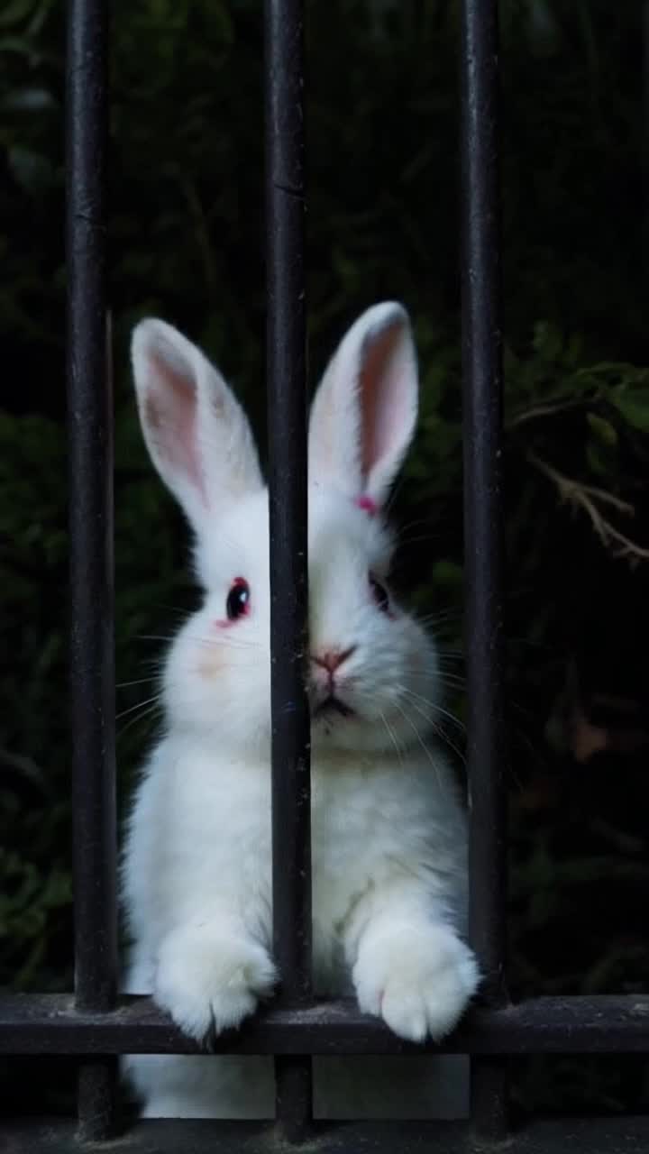 Soft plush rabbit gazing curiously through iron bars vibrant eyes reflecting innocence menacing sign warning of danger towering above Action of twitching nose and tilting head as if listening intently to distant growls Mysterious shadows cast by dense foliage surrounding the enclosure hints of lurking beasts creating an atmosphere of tension and intrigue