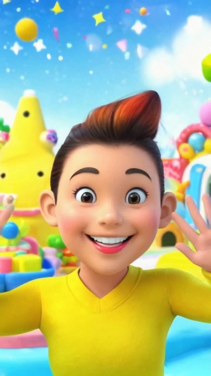 Vibrant animated character with a friendly smile waves enthusiastically radiating warmth engages viewers through lively expressions bright colorful environment filled with playful elements energetic music plays in the background drawing attention creating a joyful atmosphere inviting connection