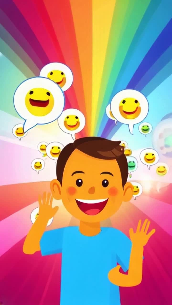 A vibrant animated character with a friendly smile waves enthusiastically greeting viewers with open arms surrounded by colorful floating speech bubbles filled with cheerful emojis bursting with energy against a dynamic bright background transitioning through rainbow colors creating a lively atmosphere inviting connection and joy