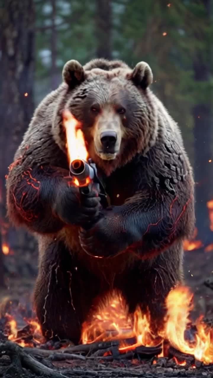 A towering, menacing bear with glowing orange eyes, wielding a massive flamethrower The background is a burning forest, with flames licking the sky and embers floating in the air The bears fur is singed and smoldering, with glowing cracks like molten lava running through its body The scene is intense, chaotic, and fiery, with a sense of destructive power  