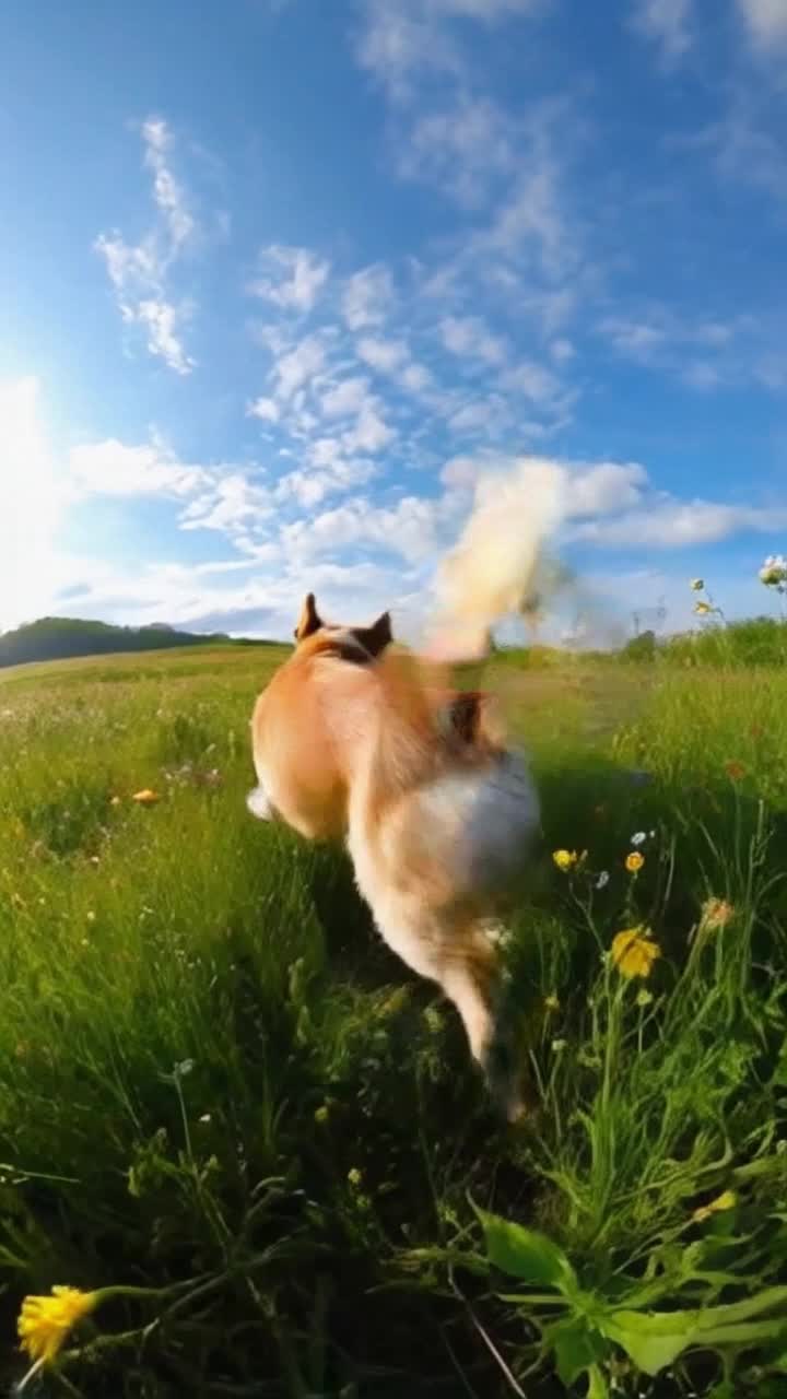 Golden retriever bounding joyfully across lush green grass joyful tail wagging fur glistening in sunlight leaping through wildflowers beating heart of nature Actionfilled scene captures pure bliss vibrant energy Background alive with bright blue sky soft fluffy clouds dappled sunlight filtering through tall trees gentle breeze stirring leaves playful shadows dancing on pathway