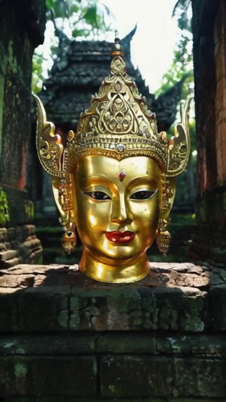 Ornate mask of an evil tomboy godornate golden mask sparkles with jewels mysterious shadows dance around it flickering light reflects off intricate carvings hidden temple deep inside a lush rainforest surrounded by vibrant greenery and ancient stone structures