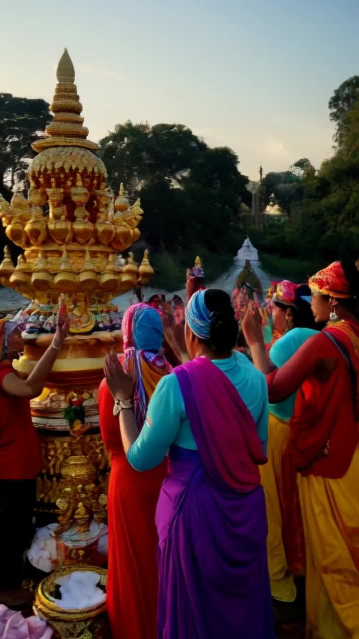 Devotees adorned in vibrant traditional attire gathered around a beautifully crafted Shivaling decorated with flowers and offerings Rituals unfold with reverence as they pour fragrant water and milk over the sacred icon Enthusiastic chants of mantras echo through the serene ambiance In the backdrop, the ancient architecture of a majestic Shiva temple stands tall with intricate carvings The shimmering Ganga river flows gently nearby reflecting the golden light of dawn where a group of worshippers immerse themselves in its holy waters, creating ripples that dance in harmony with the spiritual atmosphere