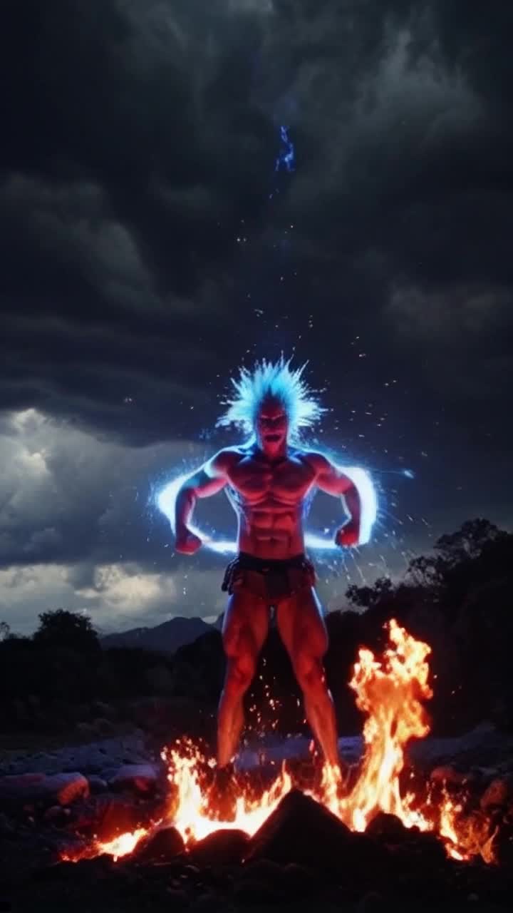 Vibrational warrior with wild spiky hair radiates brilliant atomic blue energy erupting from swirling ash clouds flexing formidable muscles that ripple with raw power as fiery embers dance around in the air creating a dramatic contrast against dark stormy skies illuminated by bursts of energy crackling like lightning all around him