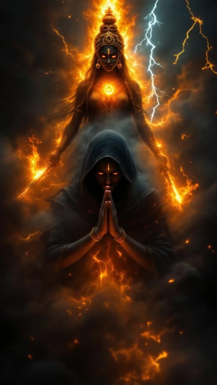 Devotee shrouded in shadows, eyes filled with despair, surrounded by swirling dark smoke, slowly folding hands in prayer Intense plea for protection echoes in silence Darkness thickens, tension rises Lightning bursts through gloom, illuminating fierce form of Mother Kaalratri with deep black complexion and fiery eyes She emerges with fierce grace, powerful aura radiating, trident and sword ablaze, earth trembling beneath each step Negative forces shatter with each strike, smoke disperses, dynamic lighting and action swirl around her Devotee awakens to newfound clarity, light enveloping him as Kaalratri blesses, a divine embrace of strength and affection