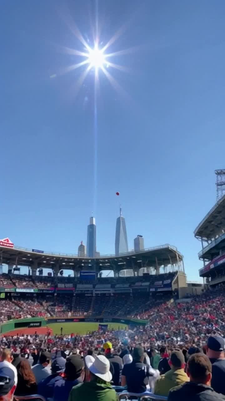 Glorious baseball soaring through vibrant blue sky sparkling under bright sunlit rays   Ball propelled with explosive force leaving hallowed grounds of Yankee Stadium   Crowd erupts in exhilaration with iconic skyline of Manhattan framed in the distance