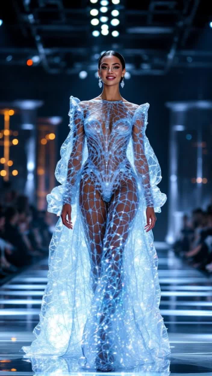 STUNNINGLY extravagant woman is wearing an intricately detailed dress made of woven glass and she is walking down the fashion runway smiling proudly