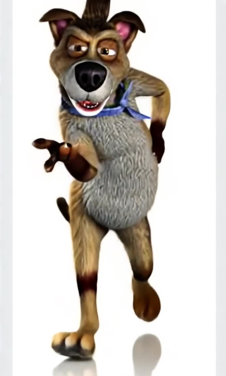 An anthropomorphic dog character starts walking towards the camera getting closer and closer to it, low angle view