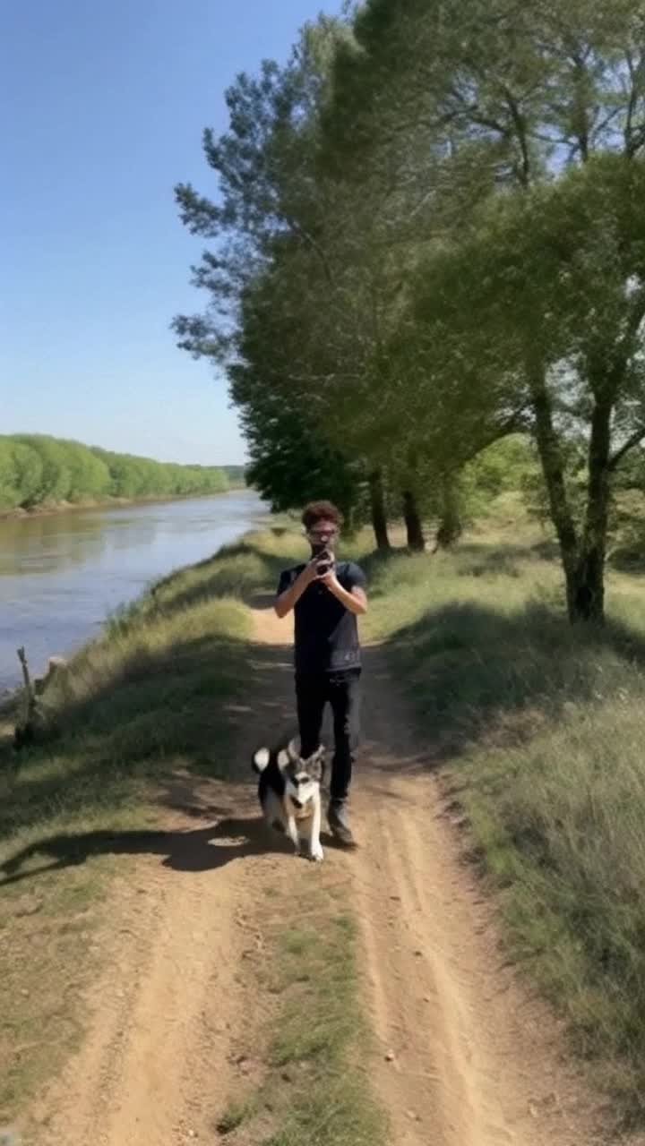 Un joven con gafas brillantes rasgos distintivos cabello rizado corto ligero brillo en la piel grabando un video selfie voz entrecortada mientras avanza con su leal pastor alemn enrgico saltando de alegra tropieza por un sendero de tierra polvorienta hacia el resplandeciente ro reflejando el sol las aguas claras murmuran su queja sobre la peritonitis un eco de risa y frustracin en el aire entre rboles verdes vibrantes llenos de vida cercano al suave murmullo del agua