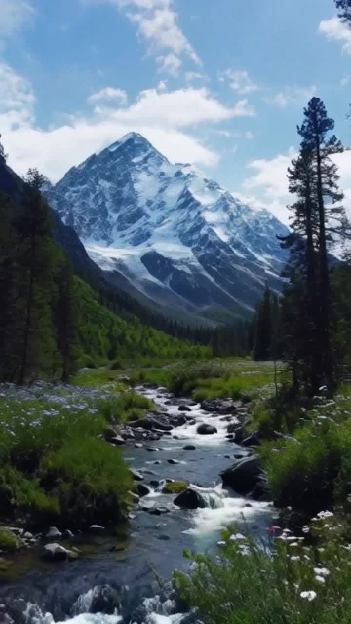 Majestic mountain rising high with snowcapped peaks shimmering under sunlight Sparkling river flowing gracefully winding through lush greenery Crystalclear waters dancing over smooth stones Vibrant forest surrounding scene filled with towering trees and vibrant wildflowers Birds soaring above with melodies echoing through the air Soft rays of sunlight filtering through branches creating a magical atmosphere Wildlife peeking through foliage adding life to tranquil setting Serenity enveloping the scene inviting viewers to explore breathtaking natural beauty