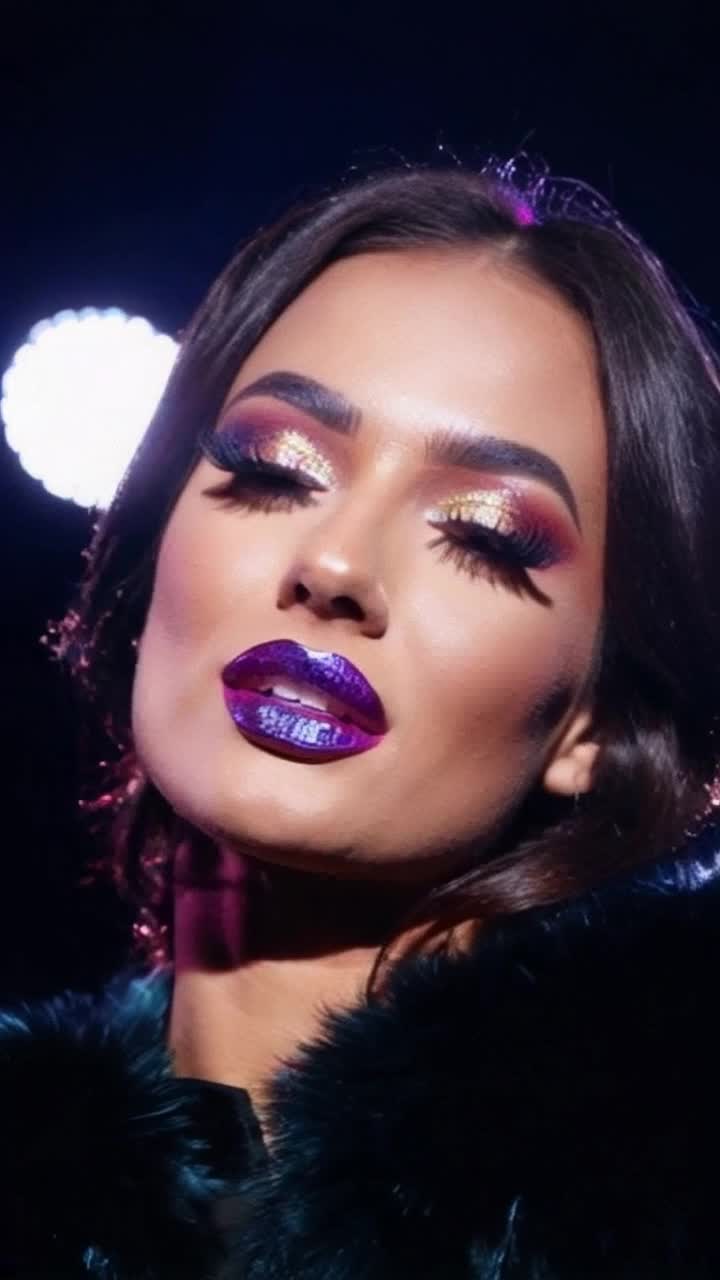 Imagine a closeup of a face that strikes with beauty, transformed by bold bright lips that shimmer under the bright stage lights, fluttering lashes that create mesmerizing movement with a dazzling pop rhythm that pulsates with confidence in the air, radiating from within, each application reveals an intricate detail, singing a unique charm with spotlights sparkling with glare, emphasizing facial features, electric energy filling the atmosphere, hypnotizing artistry manifested in every facial feature, spinning in a whirlwind of color