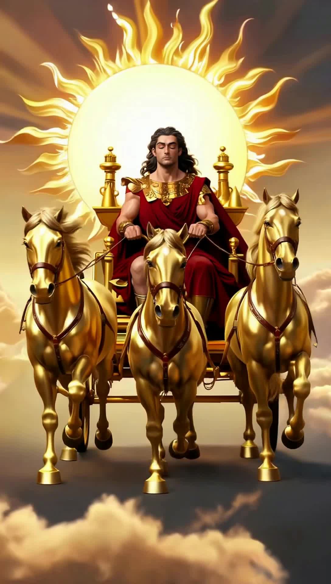 helios the sun god riding in his chariot drawn by four golden horses in the sky with the giant sun in the background