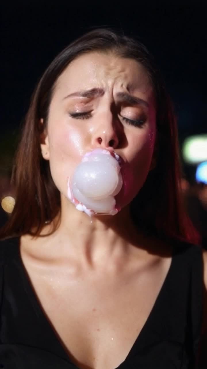 at a night club we see a happy Kendall Jenner blowing an amazing bubble of white sticky bubblegum as it pops and splatters over her entire face, white sticky bubblegum expands then pops onto her face leaving a white gooey mess as she screams and screams and cries 