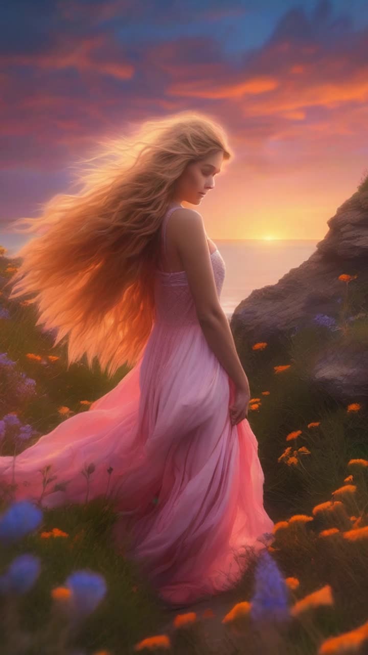 Radiant Seraphim with flowing golden hair stands at rugged cliff's edge surrounded by wildflowers swaying in the breeze Heart racing she gazes into vast ocean below Wind howls around her a mischievous cricket hops playfully from strand to strand teasing her spirit urging bold leap into the unknown Azure sky painted with hues of orange and pink as sunset approaches Fluffy clouds drift lazily overhead enhancing urgent tension in the air