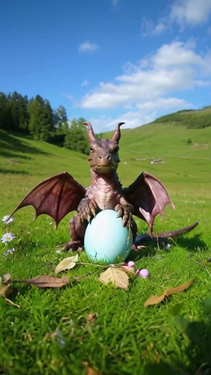 Magical Baby Dragon Hatching from Easter Egg in Enchanted Landscape A delightful scene of a baby dragon hatching from a magical Easter egg This charming creature sits amidst lush greenery, radiating whimsy and enchantment, perfect for Generative Aifantasy lovers