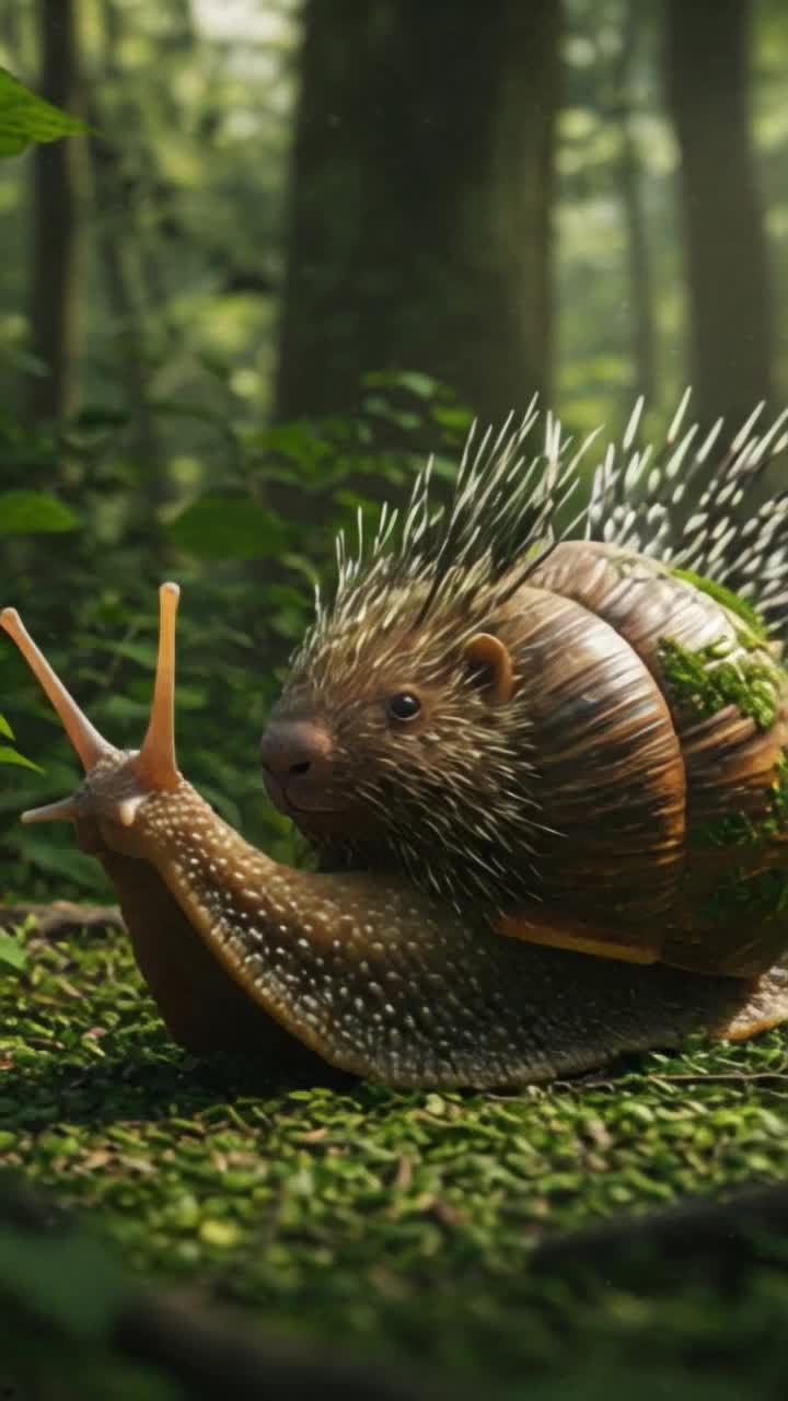 Half Porcupine half snail creature in the forest very realistic looking with mossy skull in the background