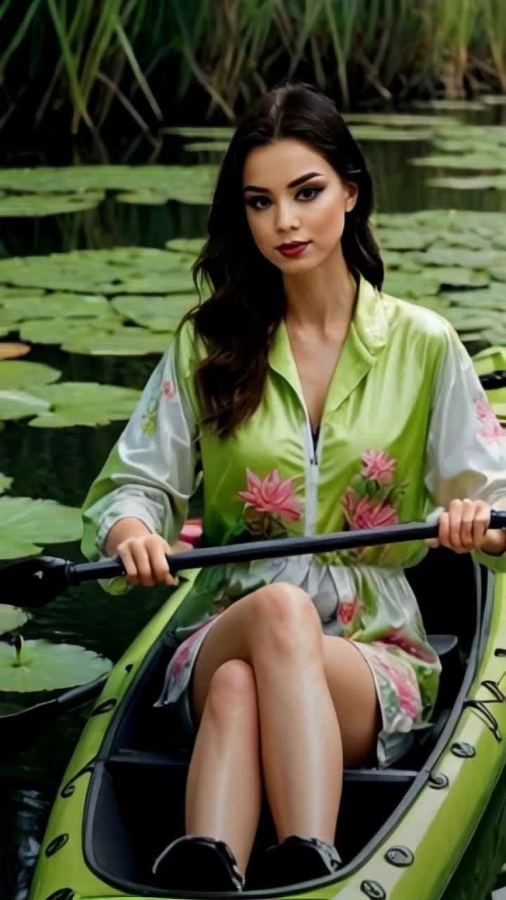 Graceful woman in an ornate rowboat surrounded by vibrant lily pads Softly paddling through tranquil waters Sunlight glistening on rippling surface creating a dreamy atmosphere Blossoms swaying gently with the breeze Fragrant floral scents drifting in the air Gentle whispers of nature accompanying her serene journey Sky painted with hues of sunset reflecting dazzling colors in the pond