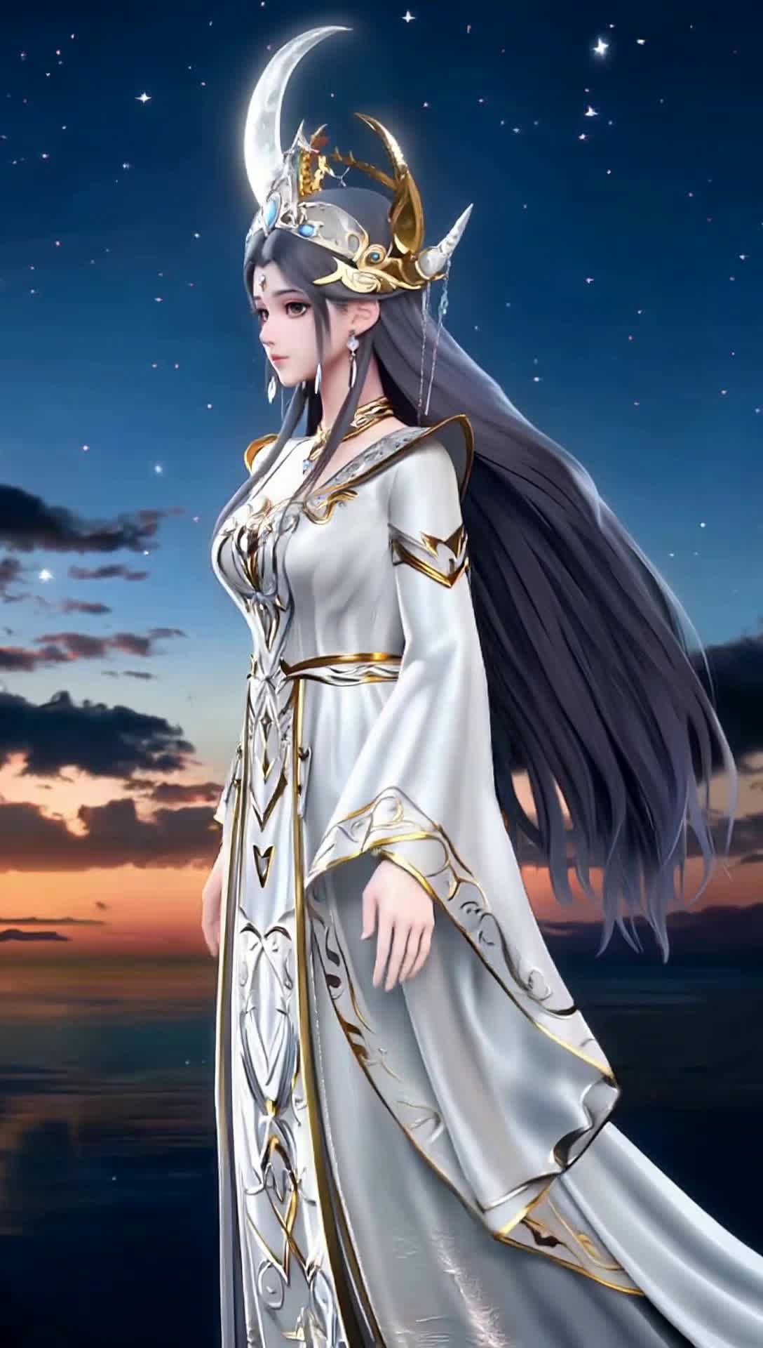 Selene is the Greek goddess of the moon is a beautiful woman with a crescent moon crown, with the night sky turning to dawn behind her