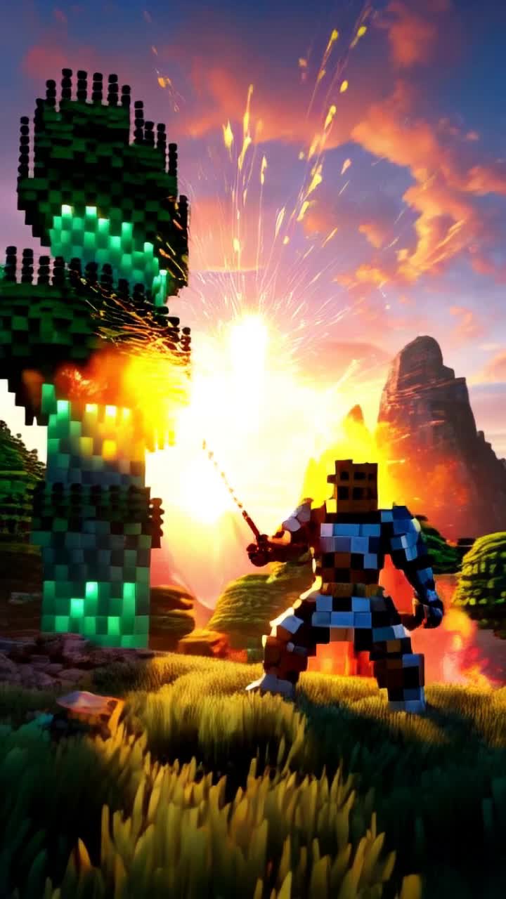 Emeraldgreen creeper pulsating with electric energy towering beside pixelated hero in gleaming armor gripping diamond sword poised for battle Dynamic explosion erupting sending vibrant particles soaring in dazzling burst of colors cascading like digital fireworks Lush blocky landscape filled with towering trees swaying gently under breathtaking sunset casting warm golden glow over entire scene Majestic mountains rising sharply on horizon creating epic adventure tableau bursting with anticipation and excitement