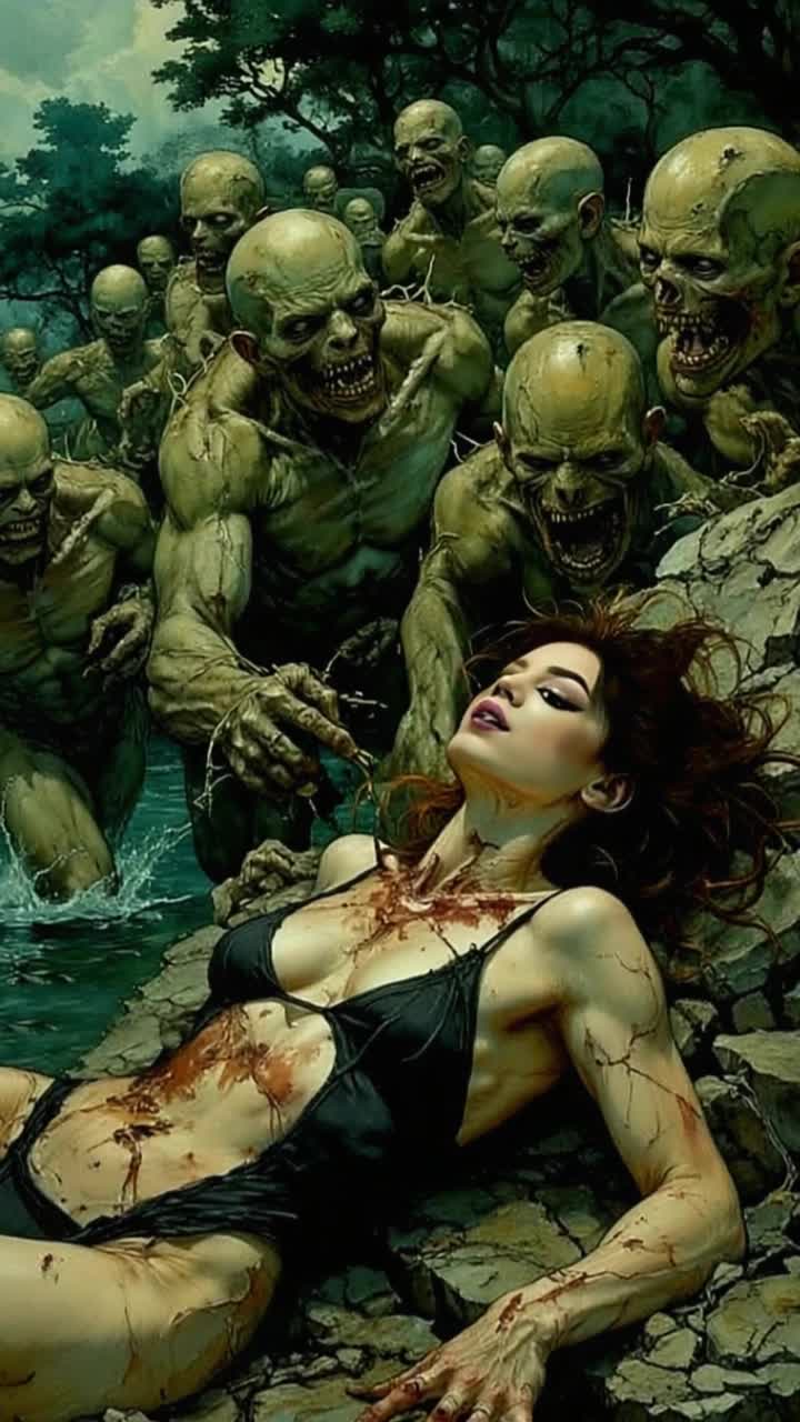 Elegant woman adorned in flowing attire reclining gracefully on jagged rocks splattered with crimson  struggling to maintain composure as sinister zombies rise from the dark murky waters of a fogshrouded lake reaching out hungrily with decaying hands surrounded by a haunting atmosphere of eerie mist and distant thunderclouds casting shadows that dance across the scene menacing whispers of the undead echoing through the chilling air creating a tensionfilled moment brimming with suspense and dread