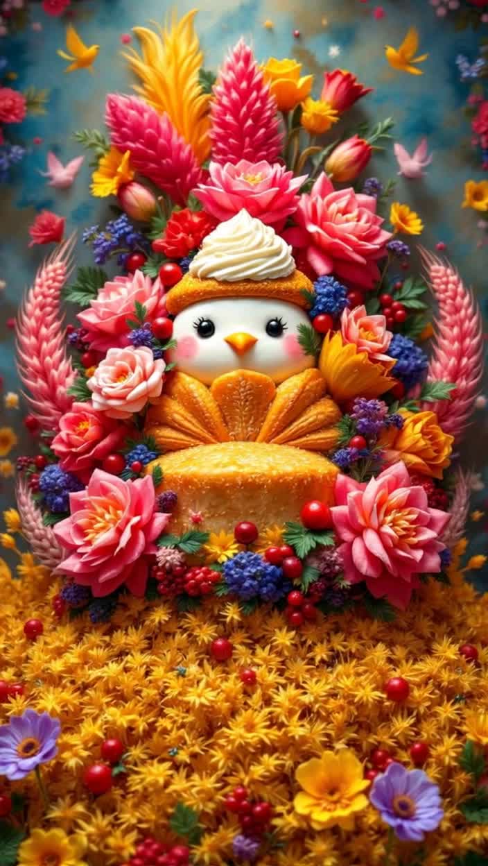 A hatinstallation created from the most famous dishes of Ukrainian cuisine The fields of the hat are golden wheat bread fields, from which grow voluminous flowers made of red borscht beetroot porridge, sprinkled with dill Instead of flowers  varenyky with cherry and cheese, resembling embroidered flowers In the center  a majestic salo with a crispy crust, crowned with a cloud of sour cream From under the hat, long, ornate ribbons of lard are twisted, between which bright viburnum berries shine The background is a textured watercolor in the style of Maria Prymachenko, with bright birds and symbolic animals Highly detailed photo, cinematic lighting, rich palette, joyful and festive mood