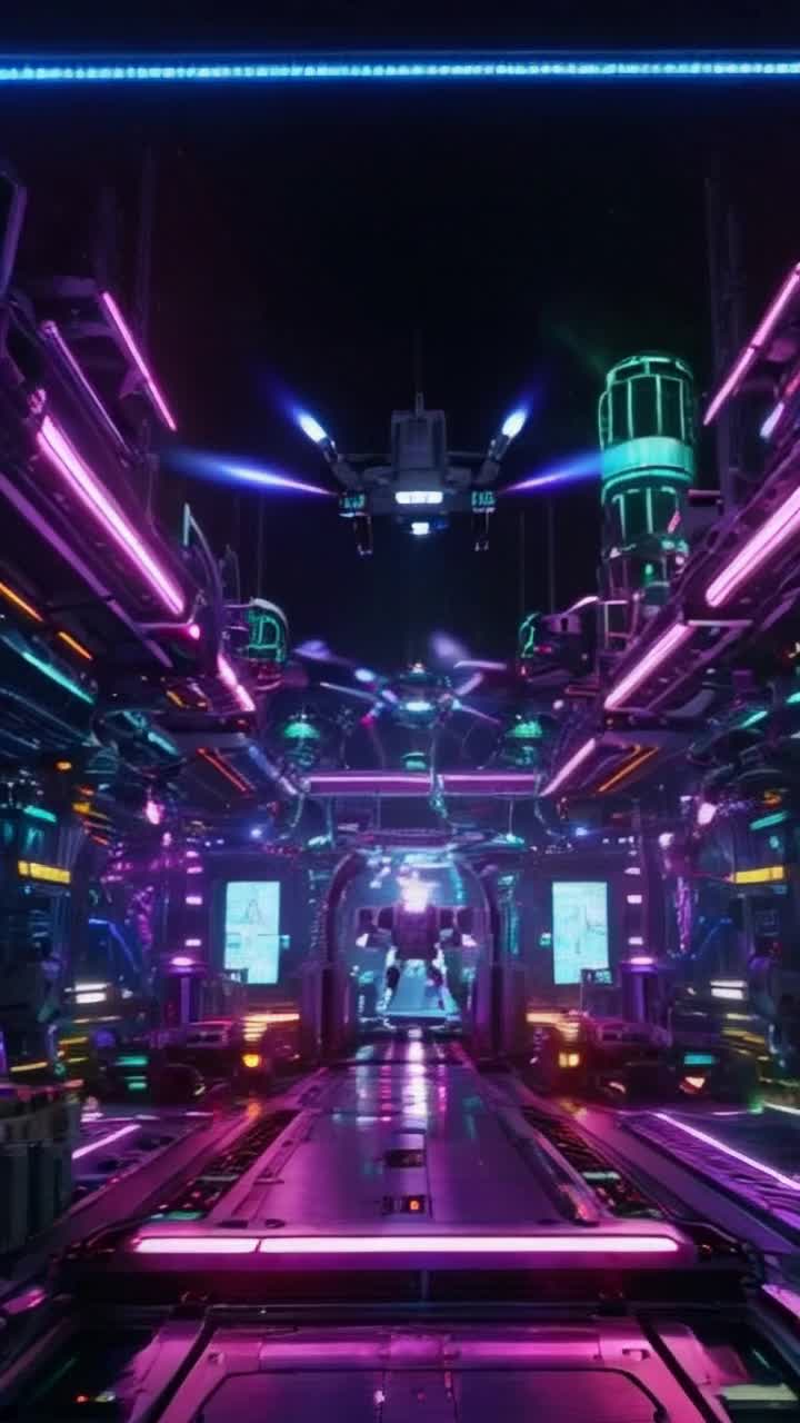 Neon lights pulsating in a kaleidoscope of colors creating dynamic reflections on polished machinery Smaller drones darting swiftly weaving through the air as they expertly assemble intricate parts Underneath an enormous towering guardian robot looming protectively with glowing eyes scanning the bustling activity Surrounding environment filled with futuristic industrial structures humming with energy and flickering screens showcasing animated blueprints