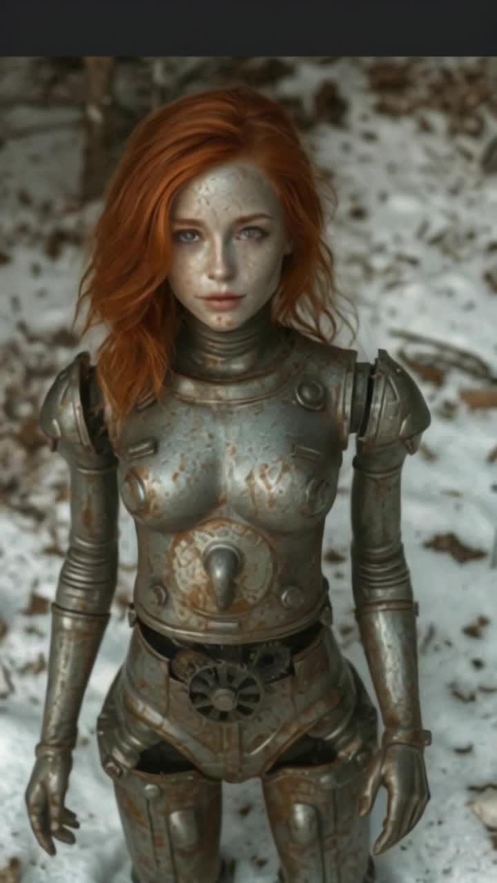 beautiful red head robot, rusted as the tin man, a worn partial smile pained across her face, her cogs gears and metal body falls onto the ground as she stands frozen in a fancy unable to move in the snow, body parts and metal pieces of her break and fall off her as she stands swollen in the snow at sunset