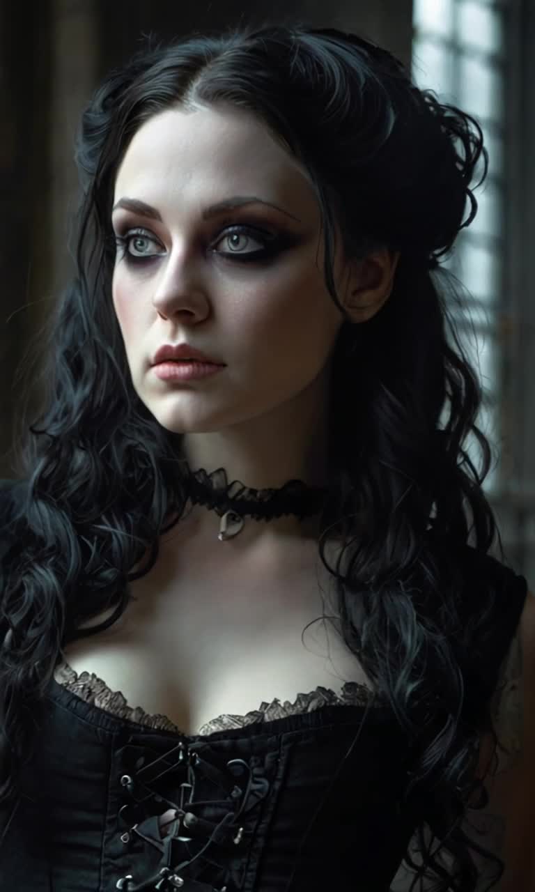 Woman with cascading black hair adorned in gothic attire pours her heart into a haunting melody Voice echoes powerfully like thunder resonating through a desolate forest Shadows dance around her as dark clouds swirl overhead Moonlight breaks through the branches illuminating her somber expression Eerie whispers carried by the wind enhance the atmosphere, creating an otherworldly vibe Mist rolls in from hidden depths, cloaking the scene in mystery Spectacular gothic architecture looms in the background, towering spires piercing the night sky Enchanting yet mournful energy envelops every note as she captivates unseen spirits