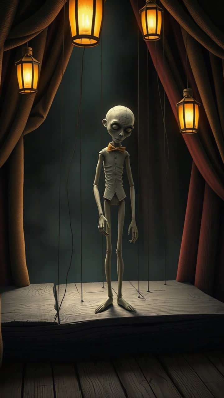 Pale marionette husband stands tall on warped wooden stage beneath fluttering lanterns bowing with an air of longing Intense glowing threads of guilt weave across his frail body while his face bears deep cracks reminiscent of fragile porcelain Dark swirling shadows envelop him like a shroud casting an ominous ambiance Eerie striped curtains frame the scene transforming the stage into a distorted dreamscape with exaggerated proportions Flickering lights cast ghostly reflections enhancing the haunting whimsical tragedy echoing a macabre fairytale illustration inviting the viewer into this peculiar world of dark enchantment