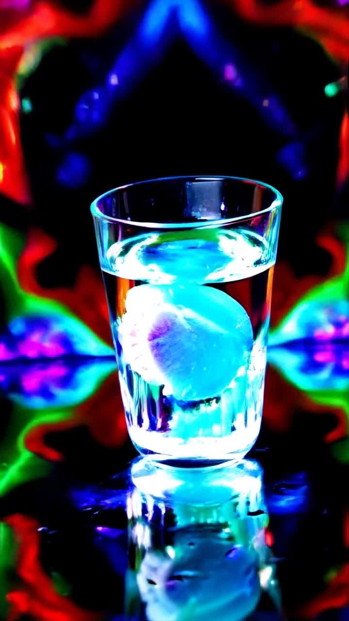 Glass of ice water being sliced in two by bread knife, clean cut, no spillage, psychedelic,  colorful, action, amazing 