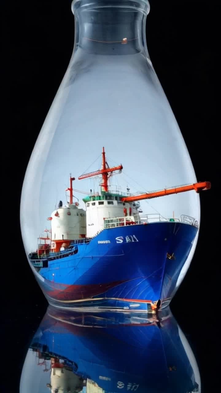Super tanker sailing inside glass bottle, continuous looping, perfect continual loop