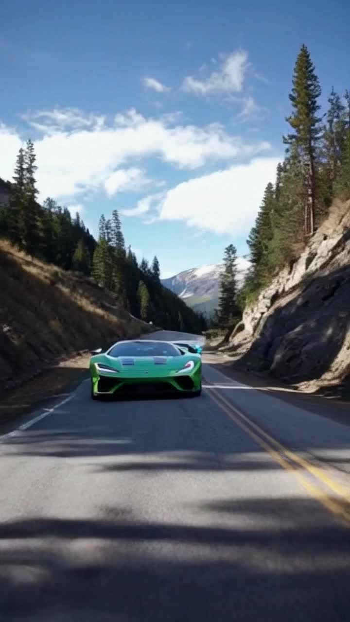 Sleek Lamborghini Revuelto painted in vibrant green racing against a striking Lotus Eletre R adorned in electric blue Rapid acceleration as both cars roar down a winding mountain road surrounded by towering pine trees and rugged cliffs Sunny skies overhead with wisps of clouds casting shadows on the asphalt shimmering with heat both vehicles showcasing cuttingedge design and power as engines growl and tires squeal against the asphalt exhilarating atmosphere filled with adrenaline and excitement