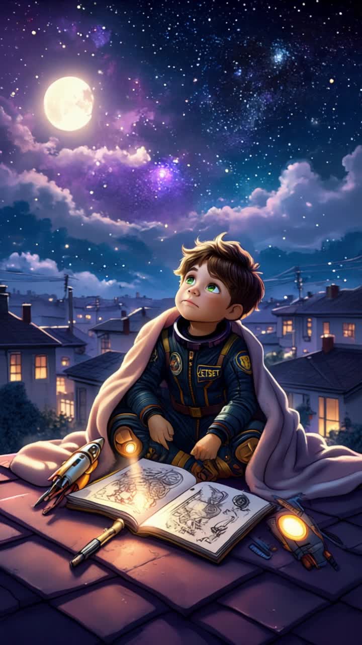 3D animated boy with straight brown hair and hazel green eyes, wearing a dark blue and gold space suit with the name patch JETSET Hes sitting quietly on a suburban rooftop at night, wrapped in a blanket A toy rocket and flashlight are next to him Hes holding a sketchbook full of rocket designs and gazing up at the starfilled sky with wonder The scene has soft glowing moonlight, dreamy nebula clouds, and magical sparkling stars Storybook cinematic style, Pixar look, warm lighting, wideangle shot