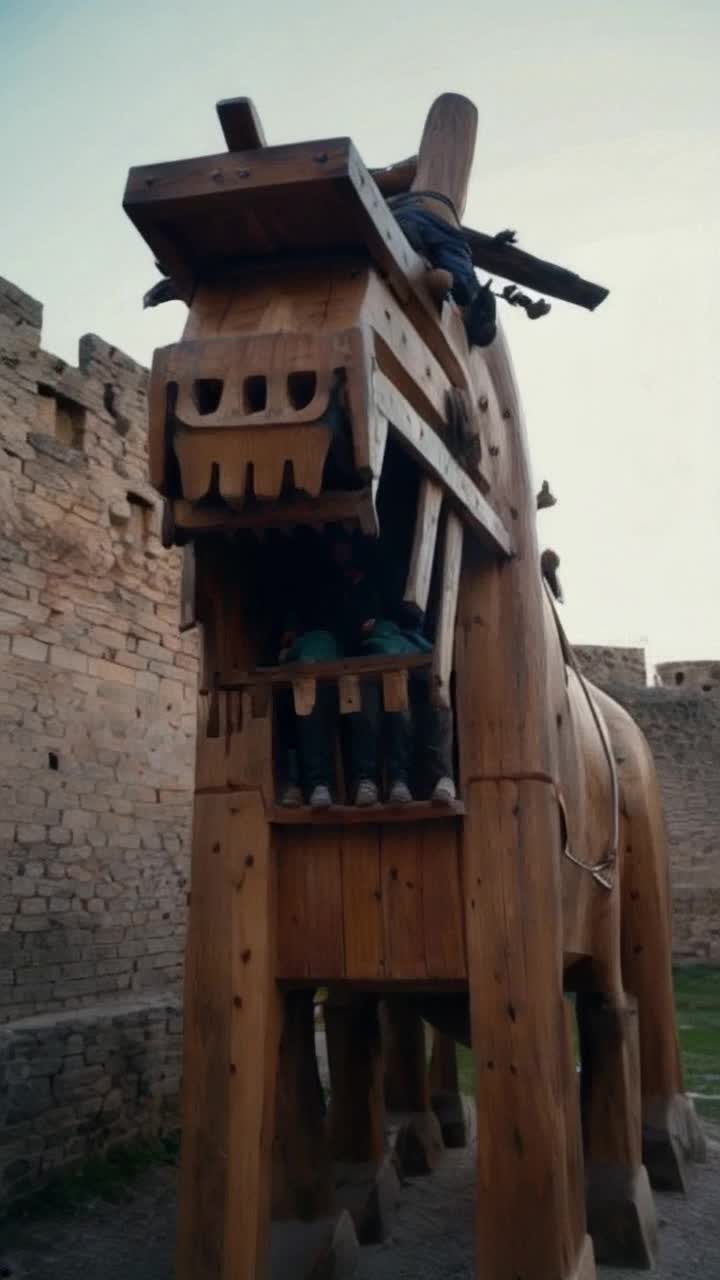 Close up front view of a giant wooden Trojan horse being offered outside of a fortress, so close to the mouth that is slightly open for air so the warriors that can be seen inside have a tad more ventilation than the few air holes hidden from adversaries that will not look a gift horse in the mouth, the warriors are visible in the dim light as the view pans slowly inward, like a camera going between the open lips of the wooden horse, between the shield sized wooden horse teeth One soldier among the many others removes his helmet to anxiously scratch his head, then replaces his helmet