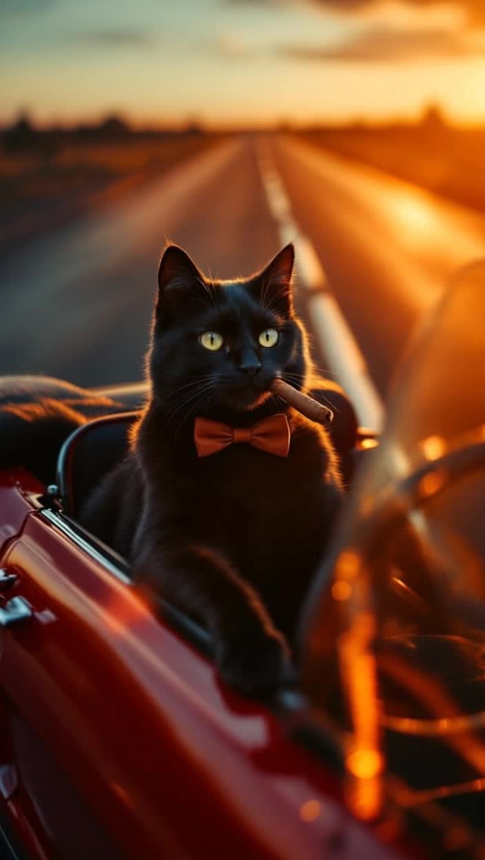 Cool feline cat smoking a cigar driving a Mustang car